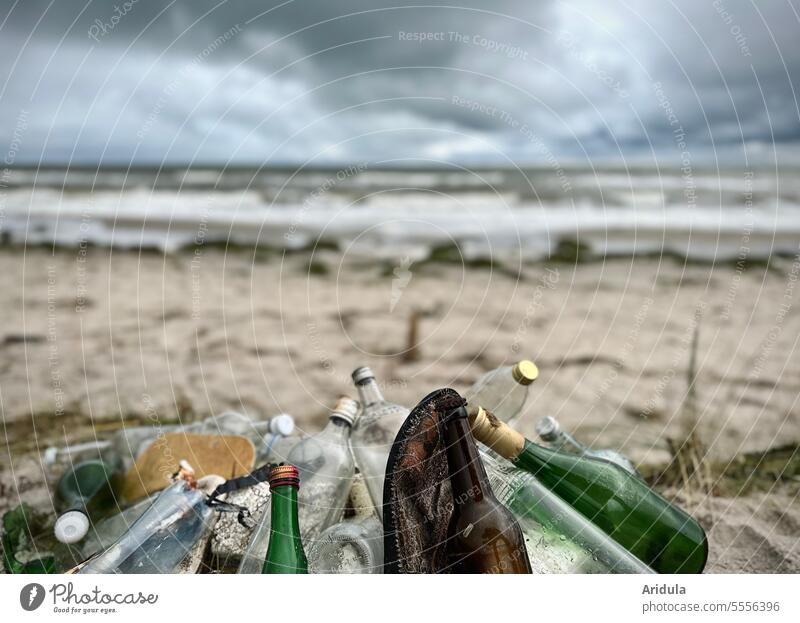 Gesammelter Müll, vor allem Glasflaschen, am Ostseestrand Flaschen sammeln Verschmutzung Umwelt Abfall Ökologie Recycling Entsorgung Kunststoff