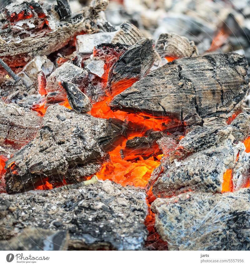 Glut unter dem abgebranten Feuer Kohle heiß glühend Wärme brennen Feuerstelle Holz Hitze Brennholz Brand gefährlich Energie Außenaufnahme rot Flamme