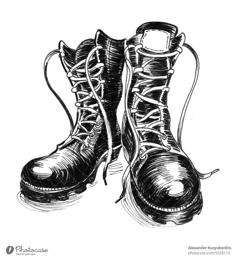 Schwarze Militärstiefel. Tinte schwarz und weiß Illustration Armee Hintergrund Stiefel Bekleidung Gefecht Schuhe Grafik u. Illustration vereinzelt Spitze Leder