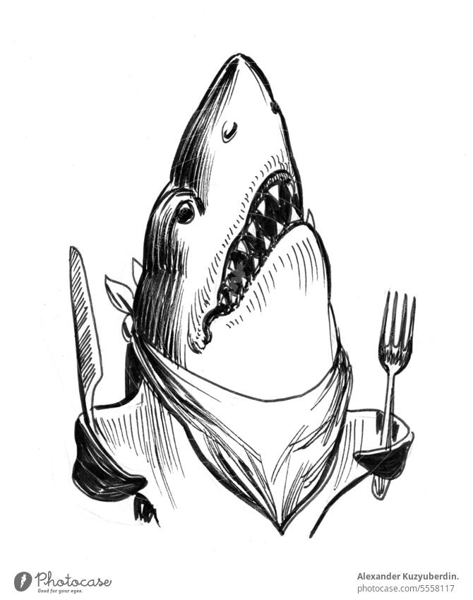 Hungriger Haifisch mit Messer und Gabel schwarz Karikatur Zeichnung Essen Fisch lustig hungrig Grafik u. Illustration Tusche Monster Skizze Zähne weiß
