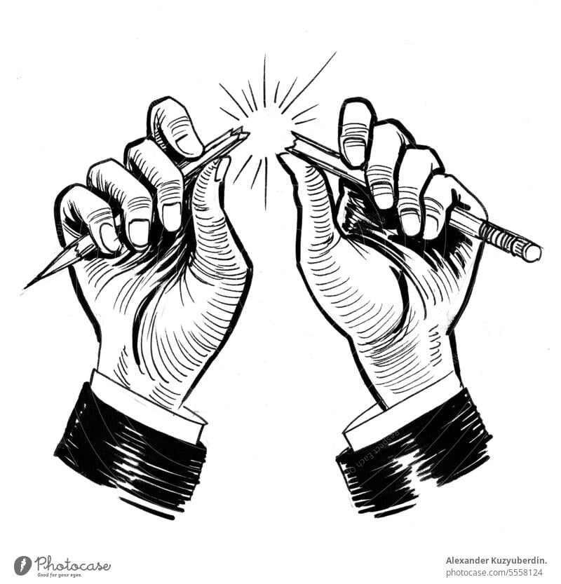 Hände brechen einen Bleistift. Tinte schwarz und weiß Zeichnung Wut Angst Kunst Pause Business Karikatur Gravur frustriert Frustration Hand vereinzelt