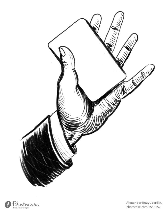 Hand mit einer Spielkarte. Tinte schwarz und weiß im Retro-Stil Illustration Ass Hintergrund Postkarte Karten Betrügerin Entertainment menschlich