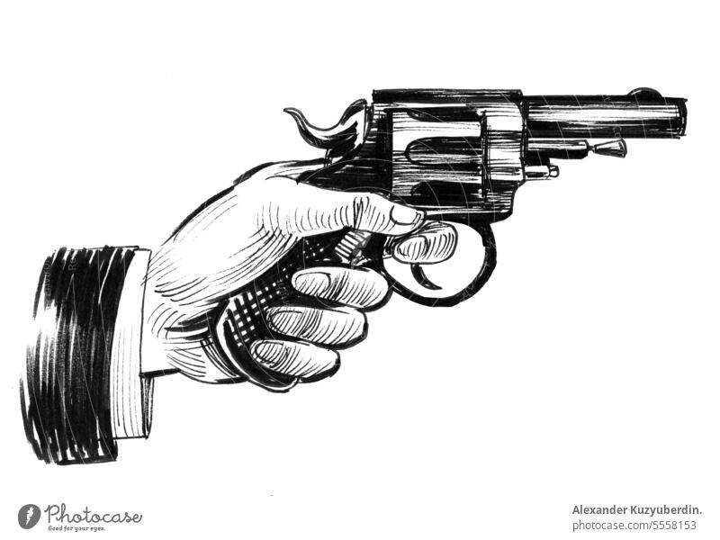 Hand mit Revolver. Tinte schwarz und weiß Zeichnung Verbrechen Krimineller Gefahr Schußwaffen Pistole Grafik u. Illustration Metall Militär Schuss Gewalt Krieg