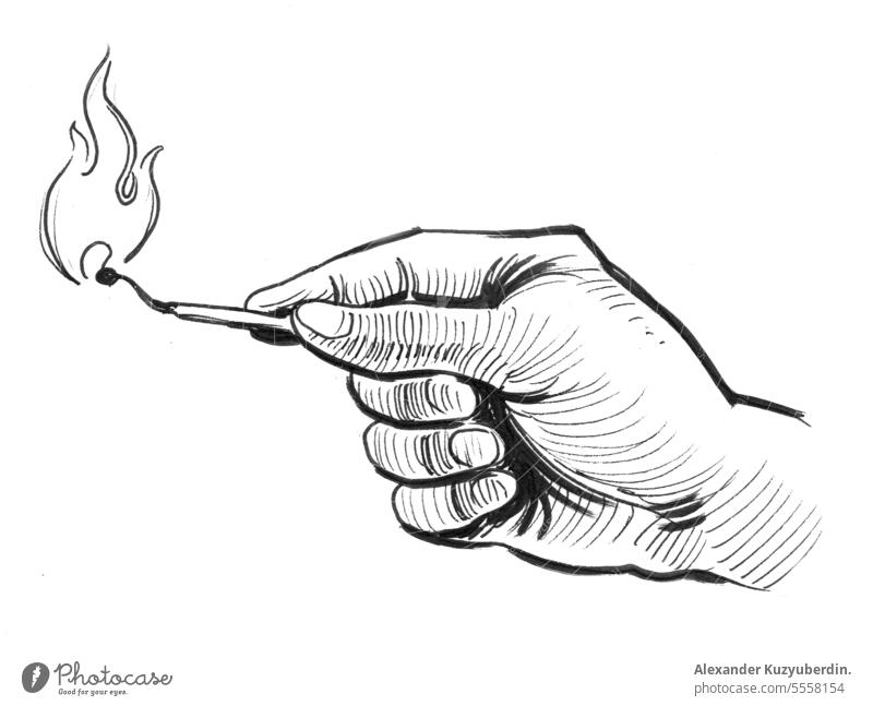 Hand hält brennendes Streichholz. Tinte schwarz und weiß Zeichnung Kunst Hintergrund verbrannt Karikatur Comic Konzept Feuer Grafik u. Illustration vereinzelt