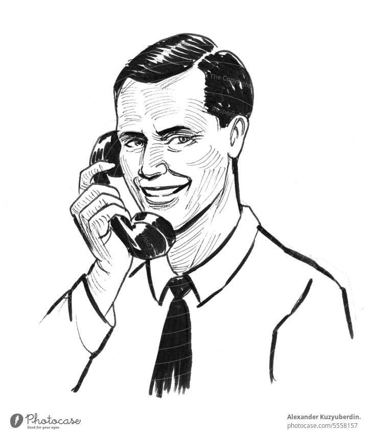 Mann spricht über ein Retro-Telefon wütend Kunst Business Geschäftsmann Karikatur Comic Mitteilung Konzept Gesicht Grafik u. Illustration vereinzelt männlich