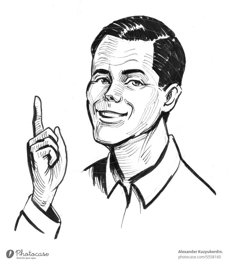 Mann warnt mit einem Finger. Tinte schwarz und weiß Zeichnung wach Aufmerksamkeit Geschäftsmann Karikatur Charakter Clip-Art Mitteilung gestikulieren Hand