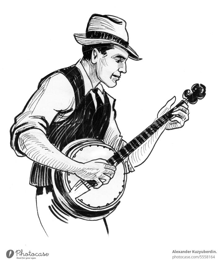 Junger Mann spielt Banjo-Musikinstrument. Tinte schwarz und weiß Illustration Kunst Künstler künstlerisch Kunstwerk Atmosphäre Audio banjo Club Land Zeichnung