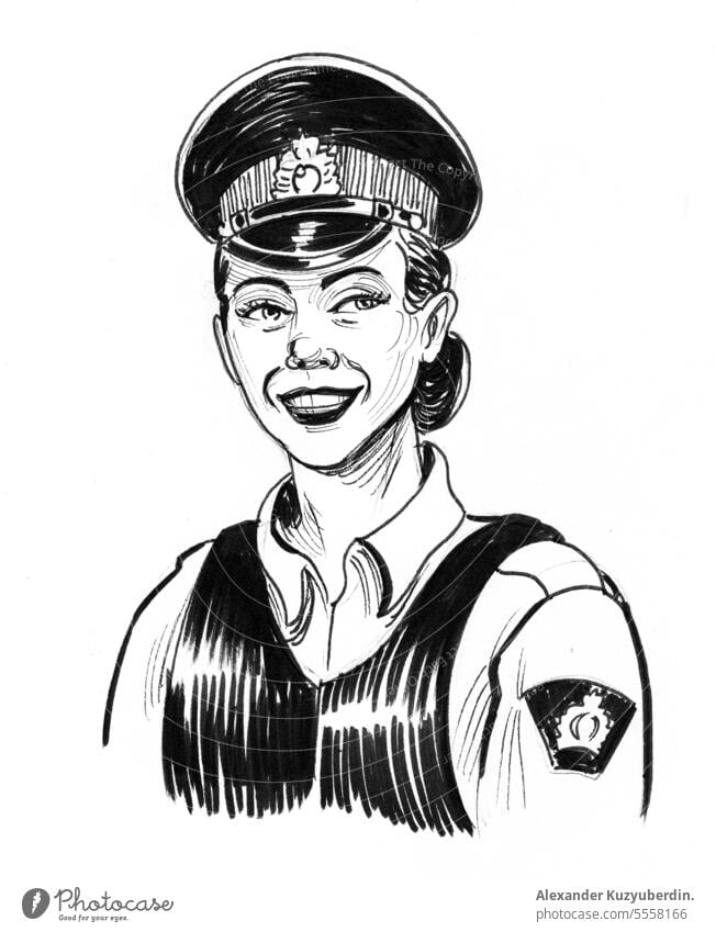 Kanadische Polizistin. Tinte schwarz und weiß Illustration Amerikaner Kunst Hintergrund schön Karikatur Charakter cop Design Zeichnung Gesicht Frau Mädchen