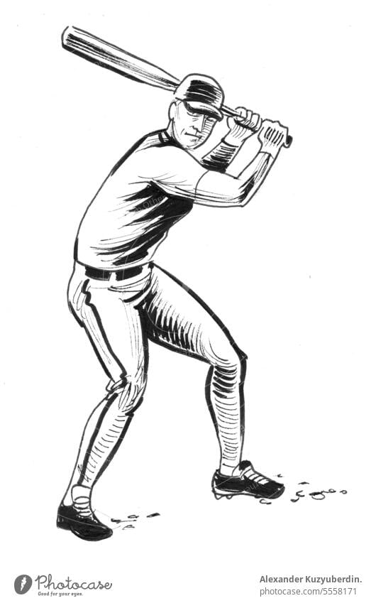 Retro-Baseballspieler. Tinte schwarz und weiß Illustration Aktion künstlerisch Kunstwerk Athlet Ball Teig Karikatur Zeichnung gezeichnet Spiel Hand