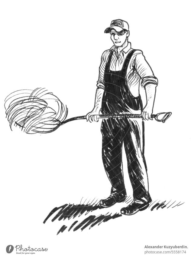 Tusche-Schwarz-Weiß-Illustration eines arbeitenden Bauern Aktivität Ackerbau Hintergrund Karikatur Bauernhof Landwirt Landwirtschaft Gras Ernte Heu