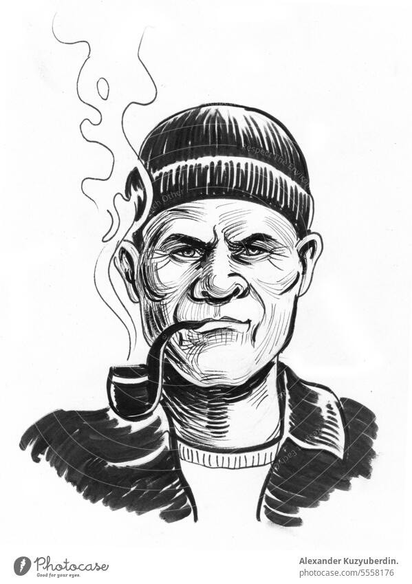Fischer mit einer rauchenden Pfeife. Tinte schwarz und weiß Zeichnung Hintergrund Karikatur Charakter Design gezeichnet Gesicht fishman menschlich