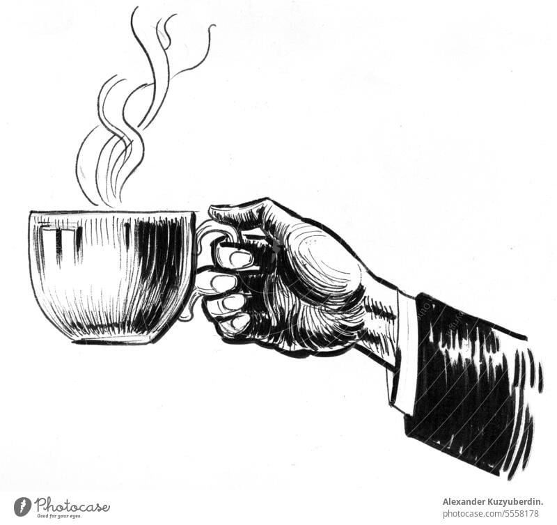 Hand mit einer Tasse Kaffee. Tinte schwarz und weiß Zeichnung Kunst Getränk Café Koffein Cappuccino trinken Espresso handgezeichnet heiß Grafik u. Illustration