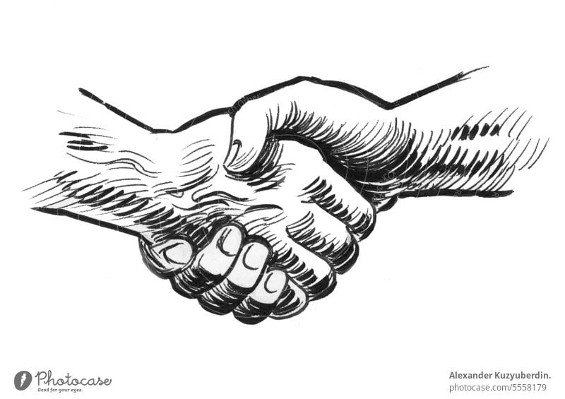 Fester Händedruck. Tusche schwarz-weiß Zeichnung Arme Kunst Hintergrund Business Finger gestikulieren Hand Hände schütteln menschlich Grafik u. Illustration