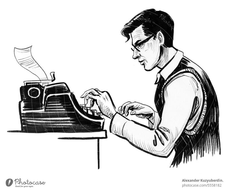 Schreiber mit Brille tippt auf einer Retro-Schreibmaschine.  Tinte schwarz und weiß Illustration Antiquität Autor Hintergrund Buch Business kreativ Schreibtisch