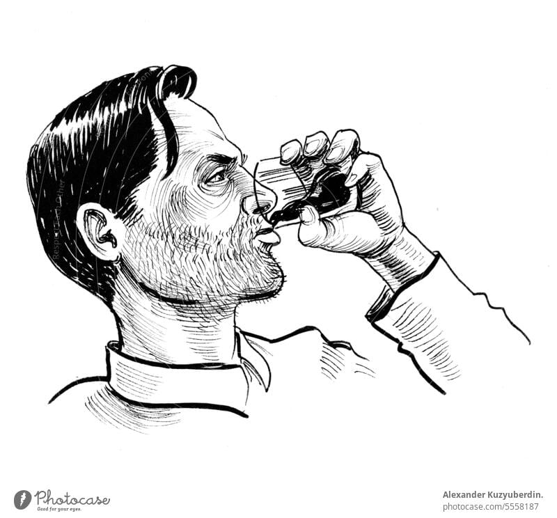 Alkoholiker, der einen Schuss Wodka trinkt. Tinte schwarz und weiß Zeichnung missbrauchen. alkoholisch Alkoholsucht Kunst Kunstwerk Bar Karikatur Charakter