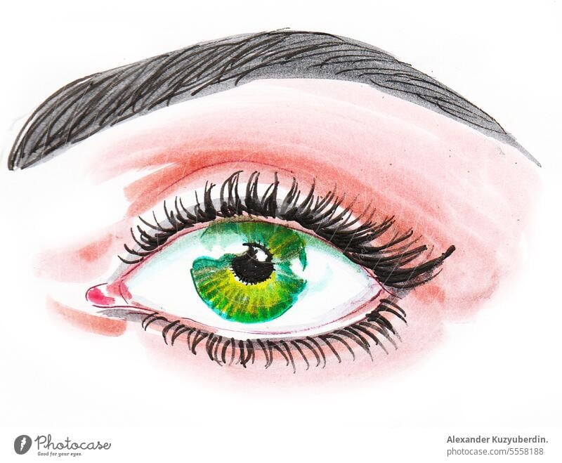Schönes grünes Auge mit langen Wimpern. Tinte und Aquarell Illustration Kunst Hintergrund schön Schönheit schwarz blau Zeichnung gezeichnet Gesicht Frau Mädchen