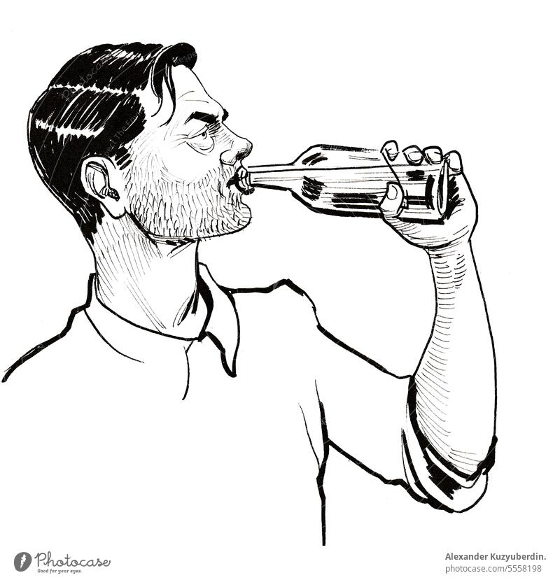 Alkoholabhängiger Mann, der eine Flasche Bier trinkt. Tinte schwarz und weiß Zeichnung alkoholisch Alkoholsucht Kunst Bar Getränk Schnaps Karikatur Charakter
