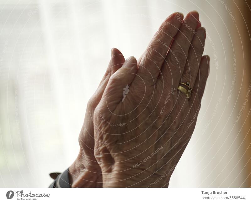 Alte Frauenhände mit Ehering dankbar aneinander gelegt Hände betende hände betende Frauenhände alte Hände viele Falten faltige Hände alte Frauenhände