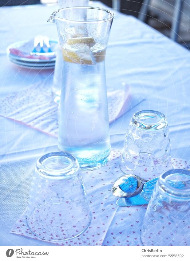 Wasserkaraffe mit Gläser auf einem Tisch Karaffe Zitronenwasser Sommer Freunde Glas trinken Getränk frisch kalt Erfrischung Trinkwasser Erfrischungsgetränk