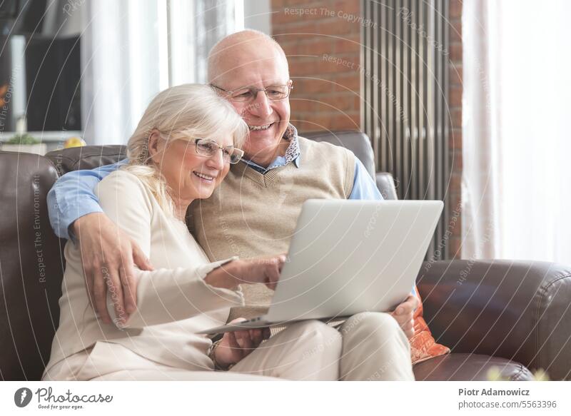 Älteres Paar beim gemeinsamen Surfen im Internet Senior Laptop in den Ruhestand getreten reif Technik & Technologie Computer Blick heimwärts Freizeit Browsen
