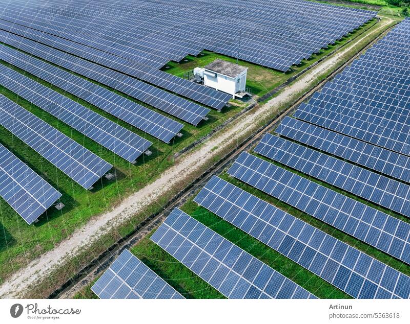 Luftaufnahme eines Solarparks. Solarenergie für grüne Energie. Nachhaltige Ressourcen. Solarzellenpaneele nutzen das Sonnenlicht als Quelle für die Stromerzeugung. Fotovoltaik oder PV. Nachhaltige erneuerbare Energie.