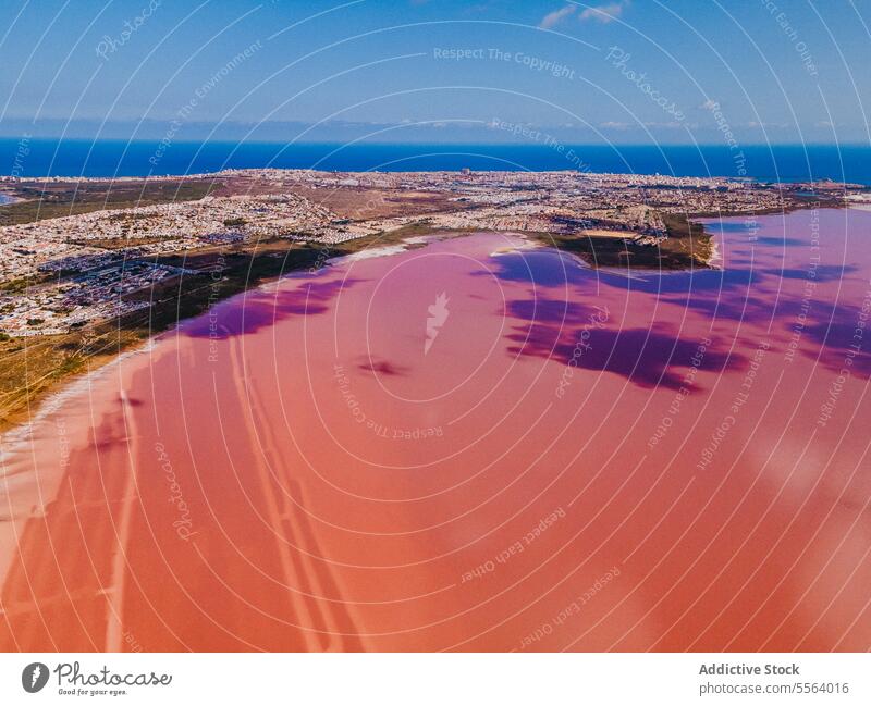 Sommerlandschaft mit rosa See Wasser Stausee Natur Salz farbenfroh Farbe Mineral anziehen reisen Tourismus Urlaub Küste Ufer Landschaft Teich Umwelt Erholung