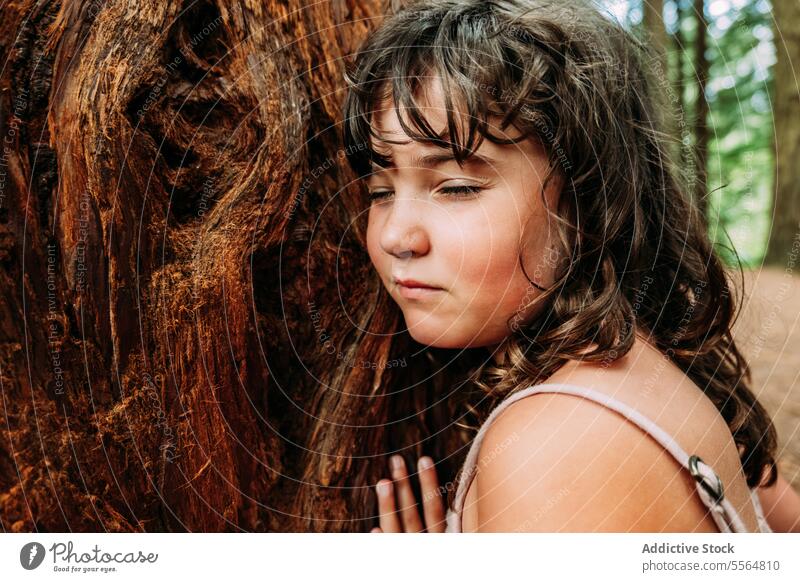 Ruhiges kleines Mädchen berührt alten Baumstamm im Wald Kofferraum wenig Natur niedlich bezaubernd Kind Kindheit tagsüber Freude Liebe ruhig Harmonie Umwelt