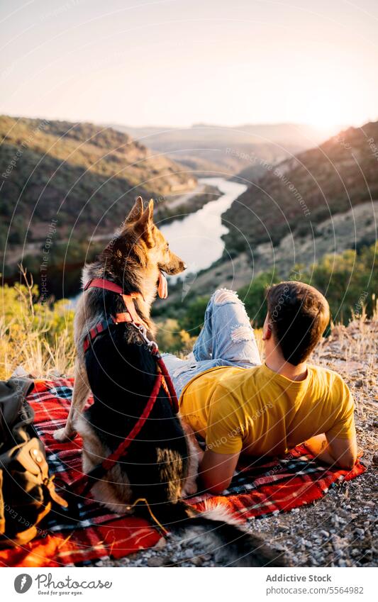 Unbekannter Reisender sitzt mit Hund auf einem Hügel Mann reisen Tourist Haustier Berge u. Gebirge bewundern Hochland malerisch Natur Border Collie Tier