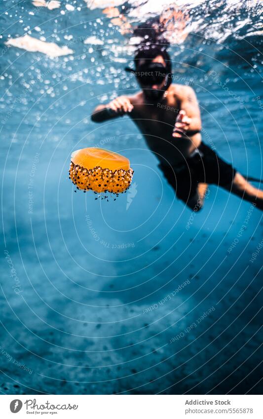 Ein Mann, der mit einer Maske im Meer schwimmt Schwimmsport Schnorchel Mundschutz unter Wasser Menorca Mittelmeer Strand klares Wasser Meereslebewesen Fisch