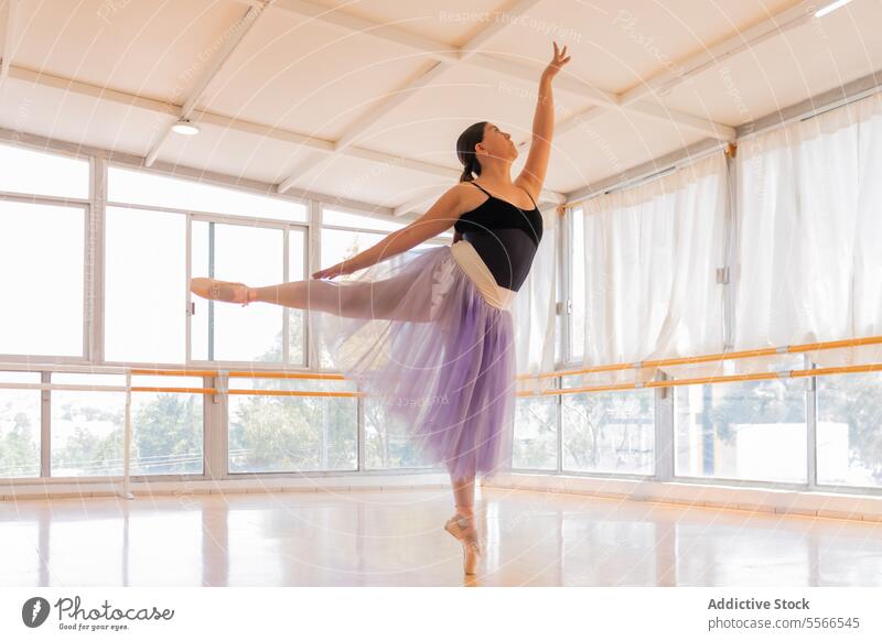 Ätherische Ballett-Pose im Sonnenlicht Balletttänzer Tänzer Atelier Eleganz Trikot schwarz purpur Rock Fenster Licht Bogen Körperhaltung Arme Verlängerung