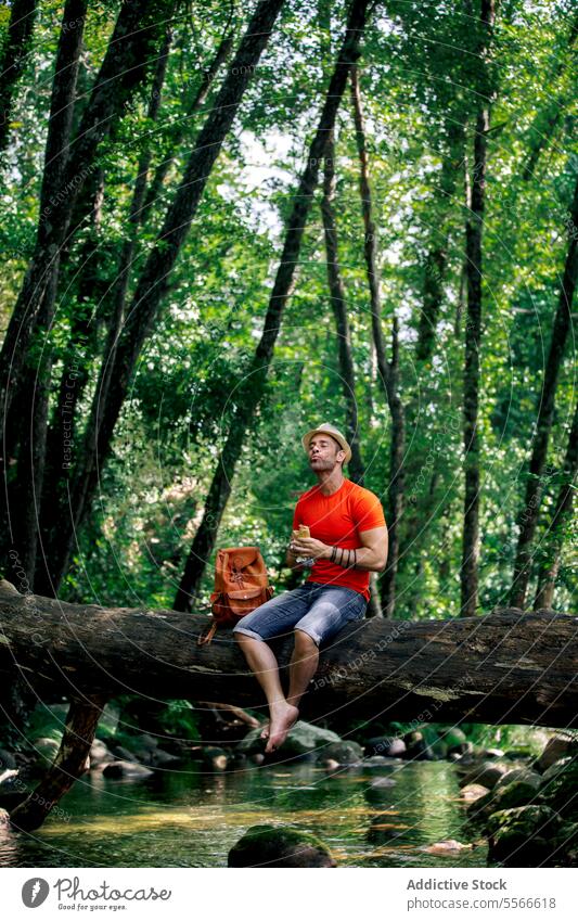 Kaukasischer Mann mit Hut isst ein leckeres Sandwich auf einem umgefallenen Baumstamm im Wald. Reisender Bach Totholz Essen rot beschaulich strömen Sitzen