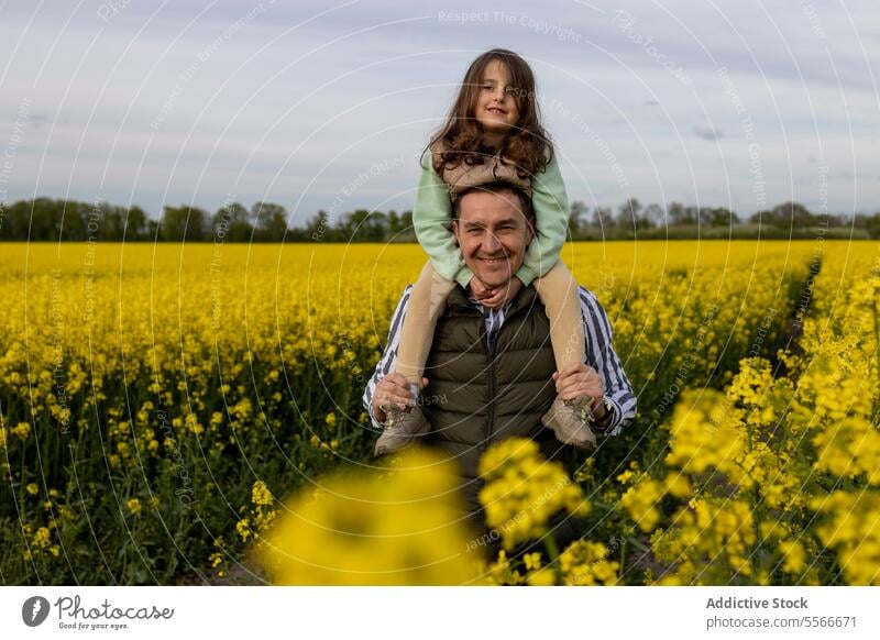 Vater-Tochter-Moment in einem gelben Blumenfeld. Feld führen Schulter Freude Familie binden Liebe Natur Porträt im Freien Fröhlichkeit Lächeln Glück