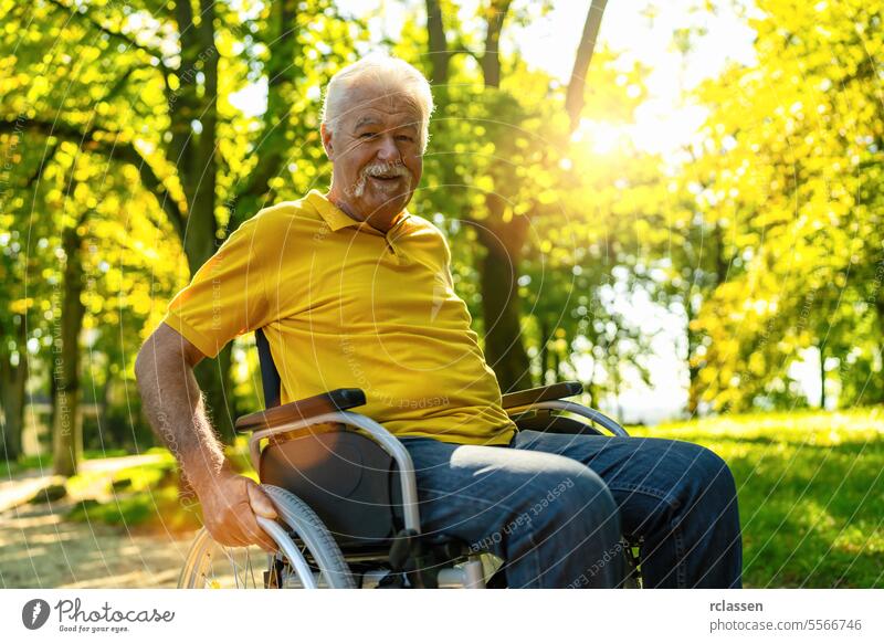 Glücklicher älterer behinderter Mann sitzt im Rollstuhl während eines Spaziergangs im Park, reifer behinderter alter Mann Großvater im Invalidenwagen oder Rollstuhl, ältere Menschen Behinderung Konzeptbild