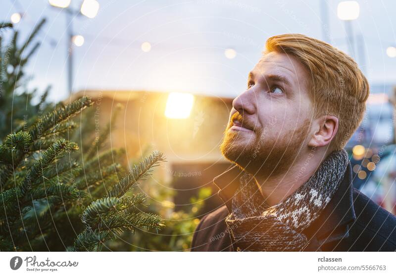 Rothaariger Mann schaut skeptisch, welchen Weihnachtsbaum er beim Weihnachtsbaumverkauf kaufen soll, Platz für Text kopieren Gesichtsausdruck aufschauend