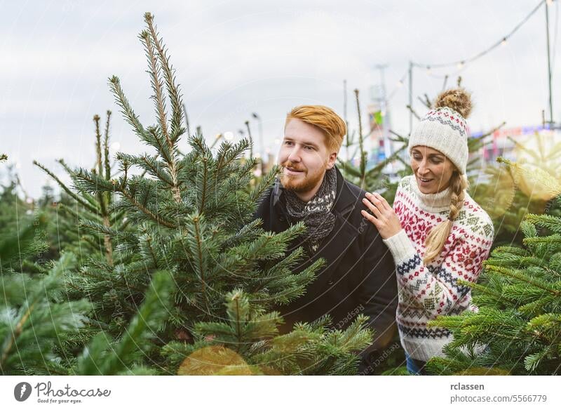 Paar kauft Weihnachtsbaum auf dem Markt Familie skeptisch gewichten Rotschopf Tradition Wahl Lächeln Mann Liebespaar Kauf Bauernhof Kiefer Norwegen Werkstatt