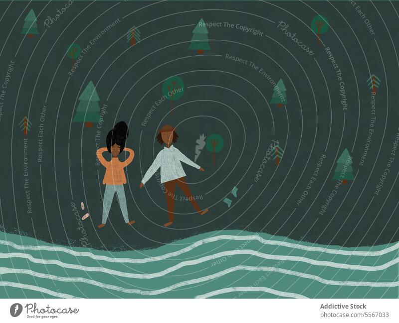 Illustration eines Paares bei Lakeside Baum Mann Frau Seeufer Wasser sich[Akk] entspannen Natur spielerisch Freizeit Uferlinie ruhen winken Wald Kälte