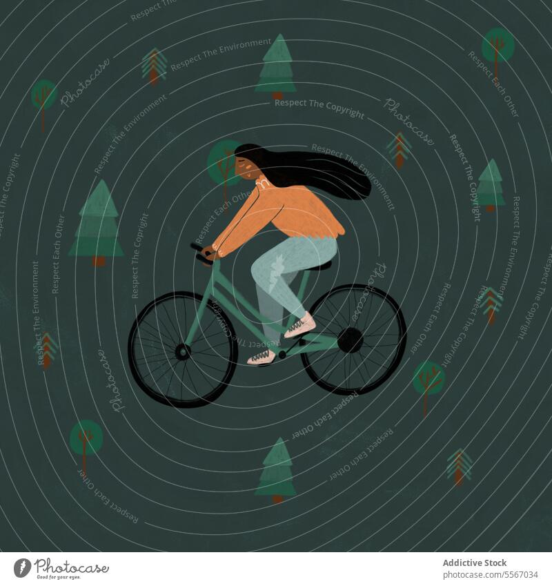 Illustration einer Frau beim Radfahren im Wald Fahrradfahren Kiefer Baum Blume grün Hintergrund ethnisch lange Haare Mitfahrgelegenheit Natur im Freien
