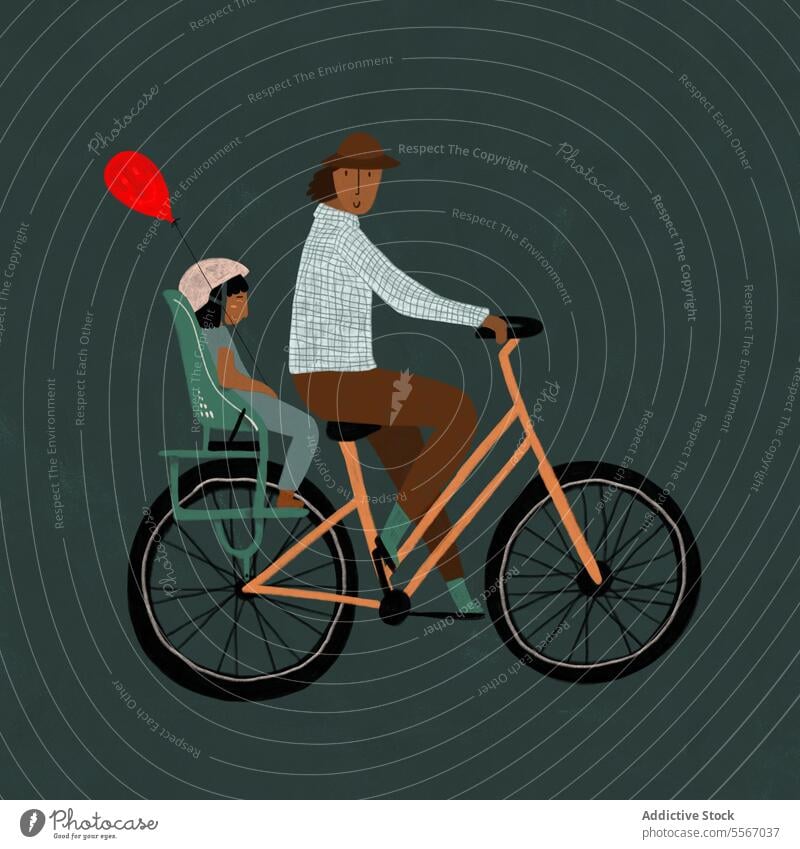 Mann auf dem Fahrrad mit Kind und Luftballon Sitz Gesicht Mitfahrgelegenheit Pedal Schutzhelm Grafik u. Illustration Mode Vater Verkehr umweltfreundlich