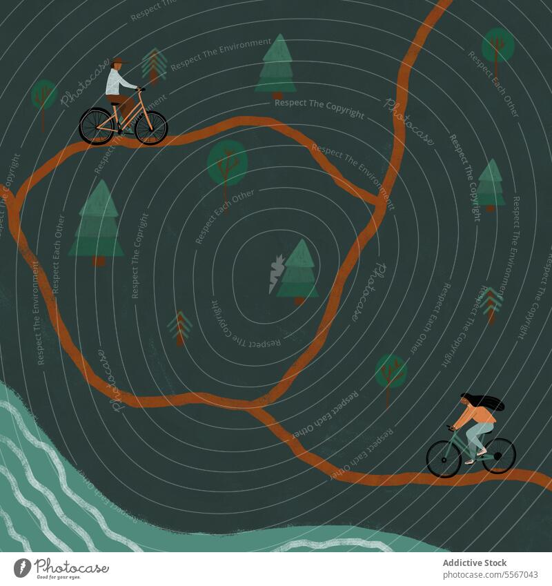 Illustration von Radfahrern auf einem bewaldeten Weg Mann Frau Fahrradfahren Paar Wald Uferlinie Baum Natur Reise Mitfahrgelegenheit geschlängelt Gelände