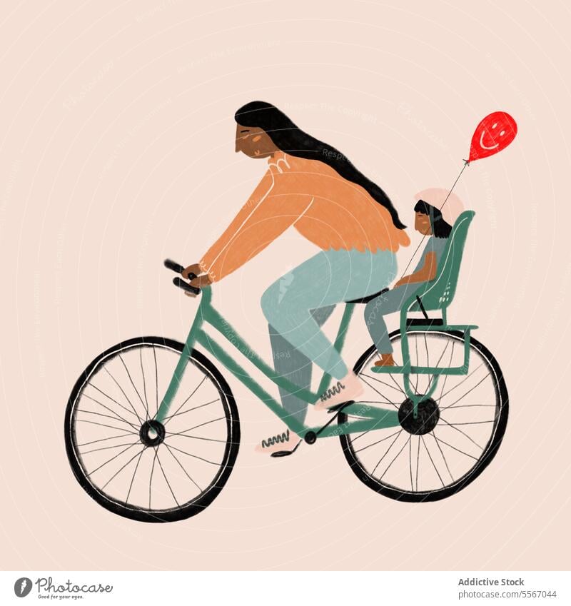 Frau auf dem Fahrrad mit Kind und Luftballon Sitz Gesicht Mitfahrgelegenheit Pedal Schutzhelm Grafik u. Illustration Mode Mutter Verkehr umweltfreundlich