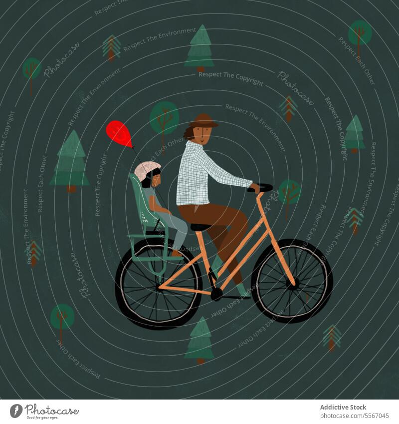 Mann radelt mit Kind und Luftballon im Wald Fahrrad Sitz Mitfahrgelegenheit Schutzhelm Grafik u. Illustration männlich Mode Vater Verkehr umweltfreundlich