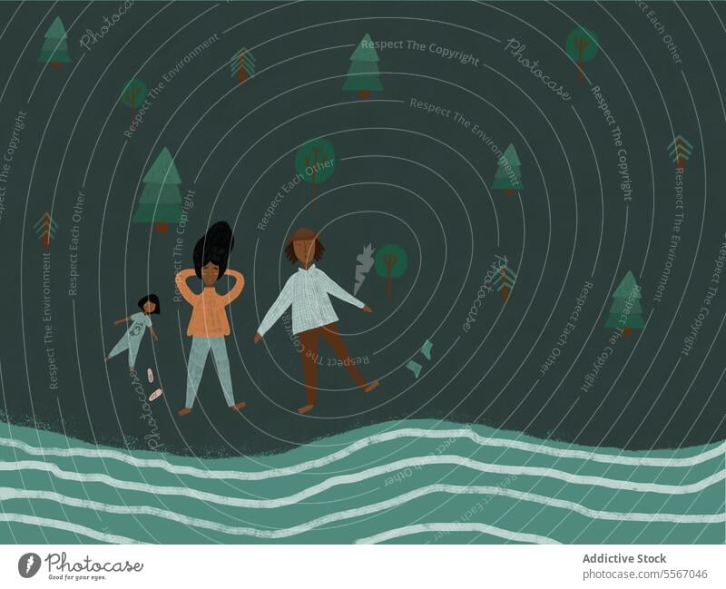 Illustration von drei Personen am Ufer und Bäumen Frau Kind Mann Familie Uferlinie Behaarung Spaziergang Natur Wasser MEER Mutter Meer Küste ruhen grün Stil