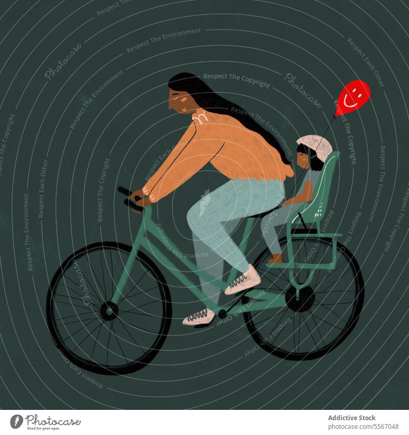 Frau auf dem Fahrrad mit Kind und Luftballon Sitz Gesicht Mitfahrgelegenheit Pedal Schutzhelm Grafik u. Illustration Mode Mutter Verkehr umweltfreundlich