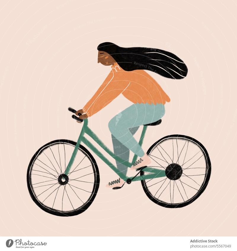 Radfahrende Frau mit wallendem Haar Fahrrad Mitfahrgelegenheit Pedal Behaarung fließen lang Mode urban Transport umweltfreundlich Freizeit Reise reisen Straße