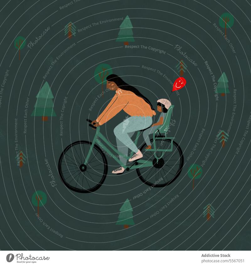 Frau auf dem Fahrrad mit Kind und Luftballon im Wald Sitz Mitfahrgelegenheit Mutter Schutzhelm Grafik u. Illustration Mode Verkehr umweltfreundlich Freizeit