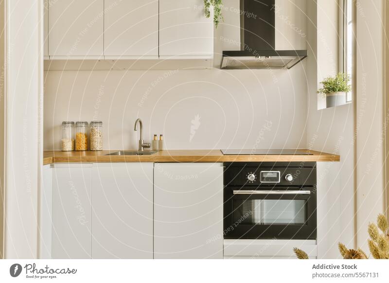 Küche mit weißen Schränken und Geräten Herd Waschbecken Arbeitsplatte Wasserhahn Mikrowelle Kabinett Herdabdeckung Glas Container Ofen Innenbereich modern