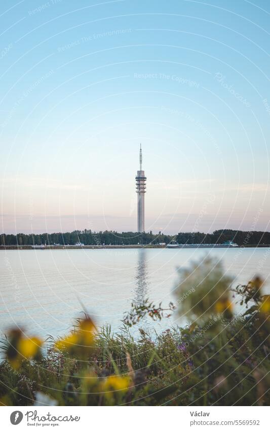 Sich im Meer spiegelnder Aussichtsturm in Lelystad an der niederländischen Küste. Niederländische Natur und Landschaften Medien Fernsehen holländisch Geometrie
