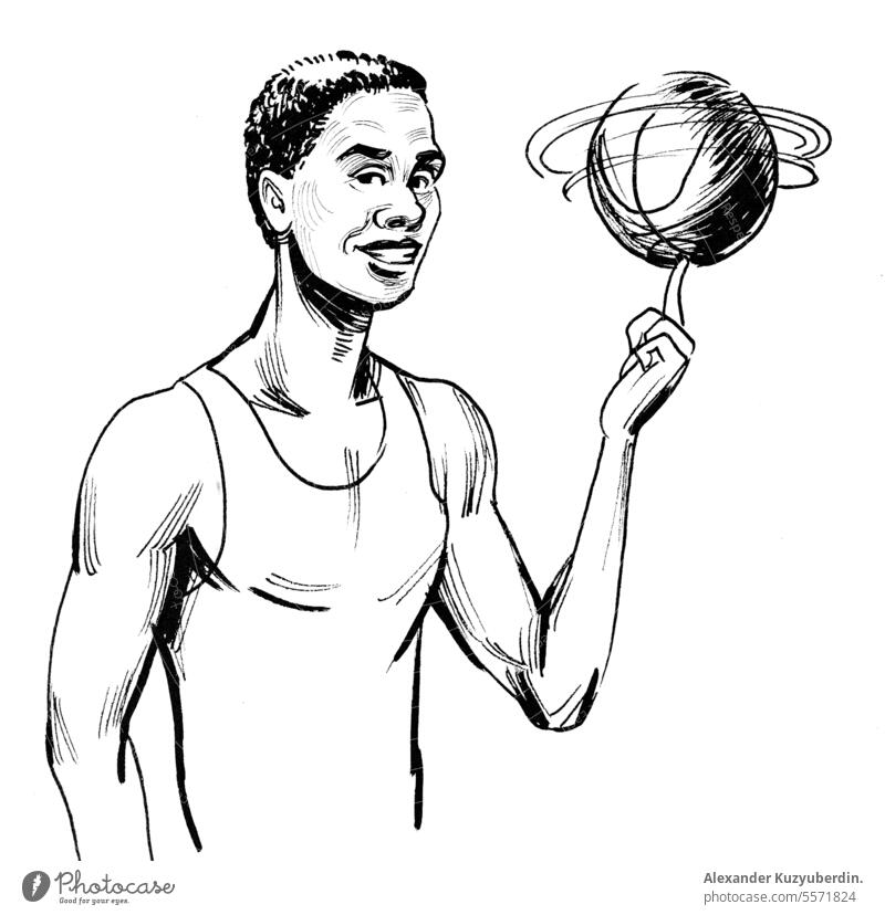 Yong schwarzer Mann mit einem Basketball. Tinte schwarz und weiß Karikatur Aktion Aktivität Athlet Hintergrund Ball Junge Meisterschaft Charakter Comic