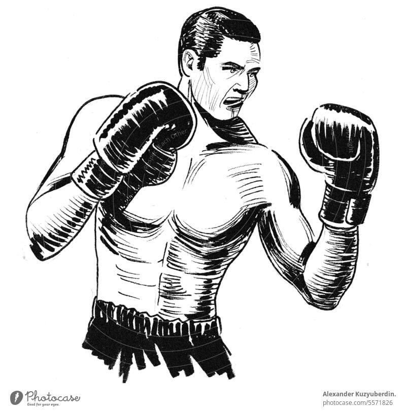 Boxender Sportler. Tinte schwarz und weiß Illustration Kunst Hintergrund Kasten Boxer Boxsport Konkurrenz Zeichnung Gerät kämpfen Kämpfer Faust Handschuh