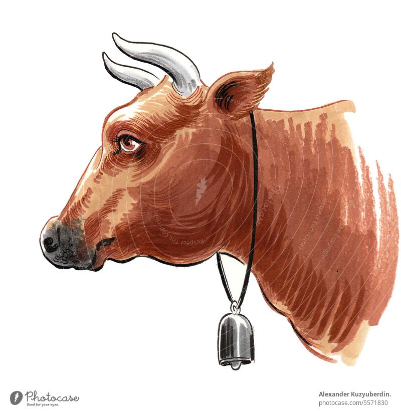 Kuh mit einer Glocke. Tusche und Aquarell Illustration Tier Hintergrund Rindfleisch Klingel schwarz braun Karikatur Kuhglocke niedlich Molkerei Zeichnung